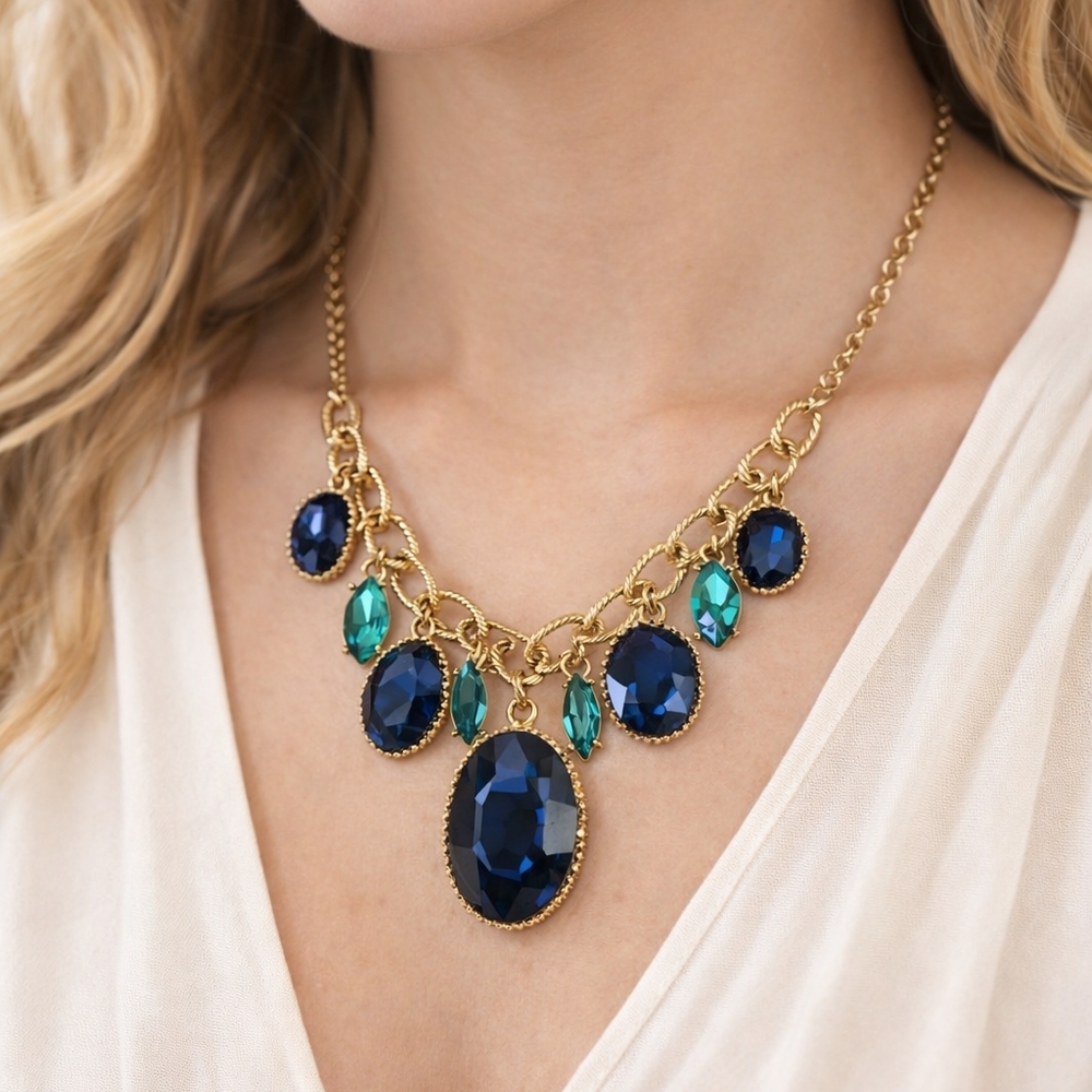 Gold Tone and Blue And Teal Crystal Statement Stone Necklace. Boho Beach